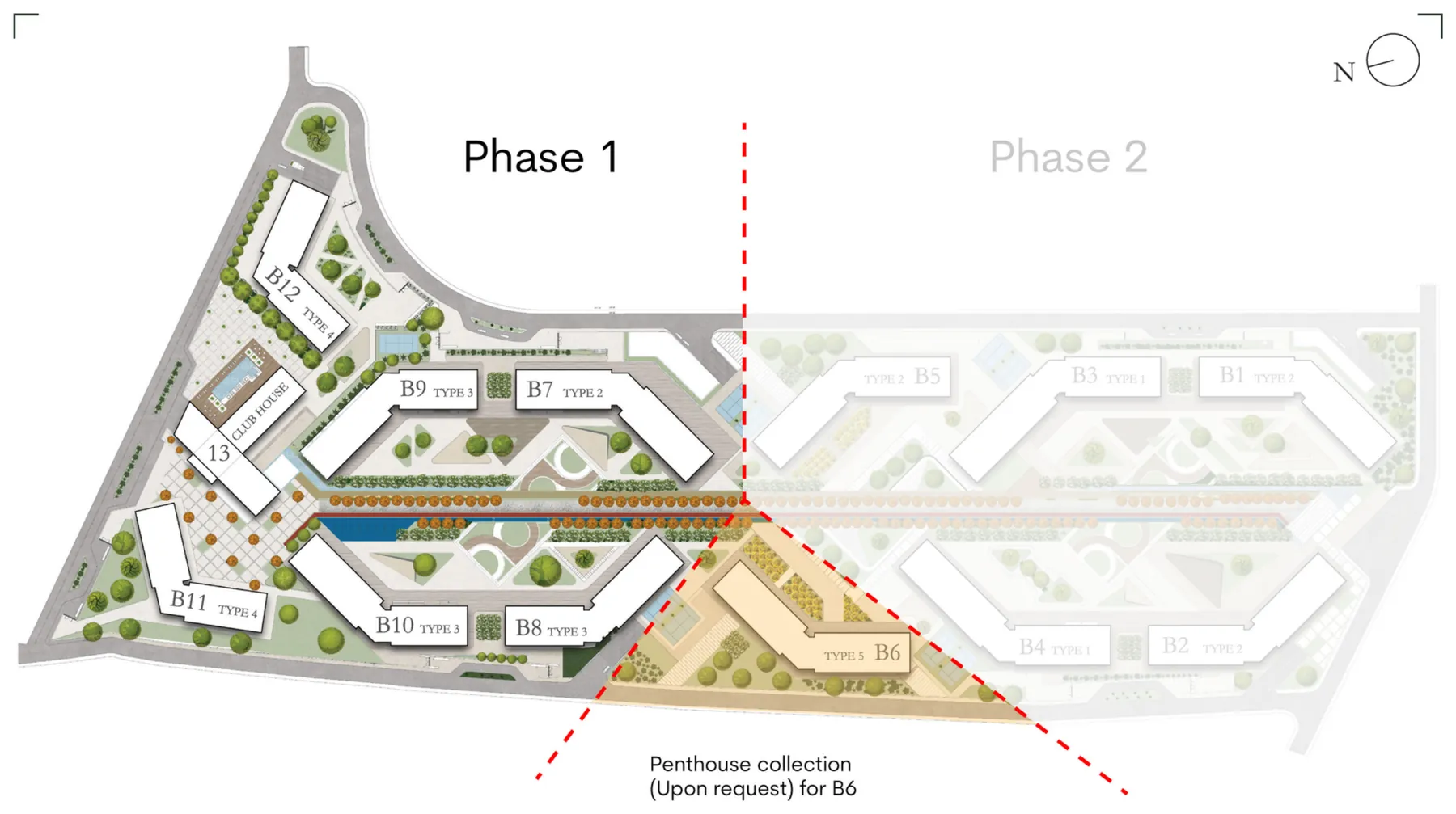 Yaafour 963 master plan showing Phase 1 buildings B7 to B12, the clubhouse and Building B11